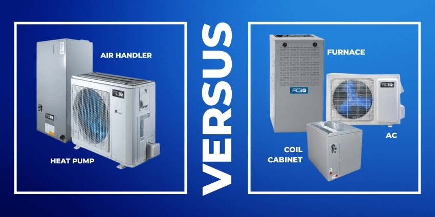 Side-by-side product layout: on the left an ACiQ heat pump with air handler, on the right a furnace, coil cabinet, and AC unit under “VERSUS.”