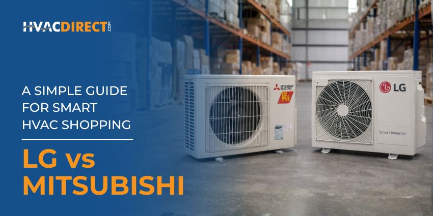 LG and Mitsubishi mini split outdoor condenser units displayed in warehouse for HVAC system comparison guide